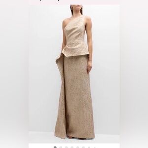 Teri Jon One-Shoulder Champagne Textured Gown